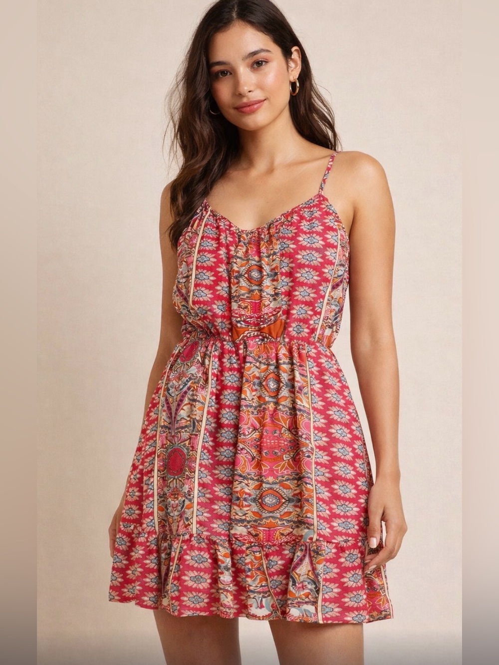 PRETTYGARDEN Boho Paisley Floral Cami Mini Dress Ruffle Hem Pink Orange S